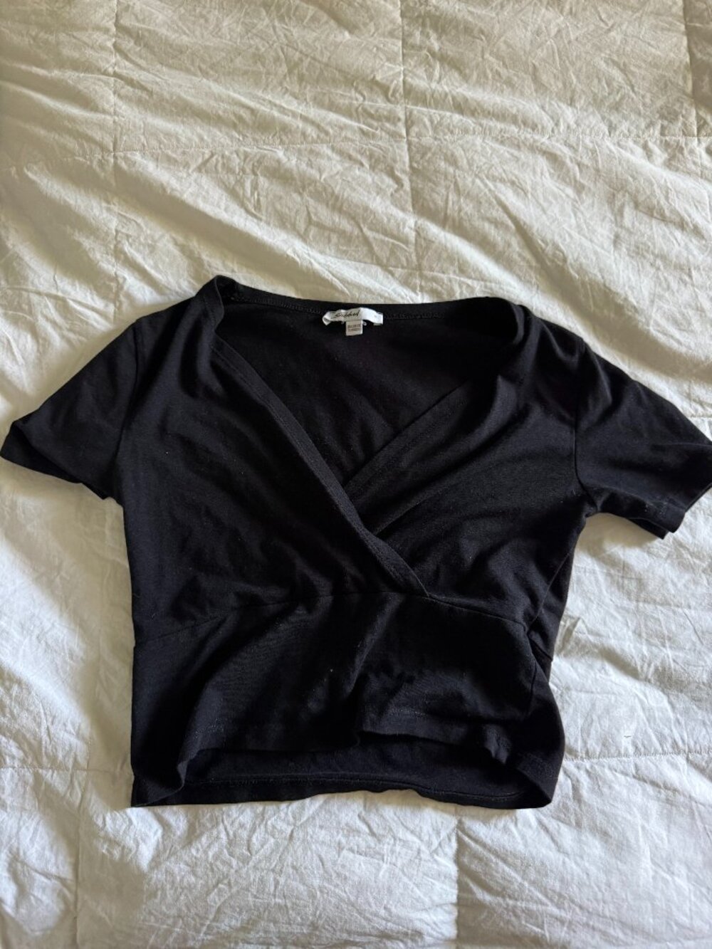 Subdued Black Surplice Wrap-Front Crop Top, Size Medium